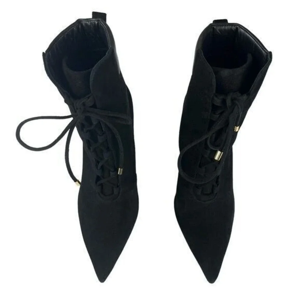 Good American Women 7 Black Suede Lace-Up Stiletto Ankle Bootie Modern Goth Chic